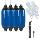 4x Fender blau klein mit Pumpe und 4x Fenderleine – Genau das passende Bootszubehör, um sicher in den Hafen einzulaufen.
